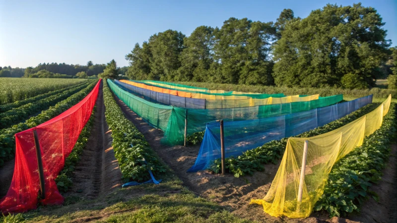 Farm field with colorful nets over crops