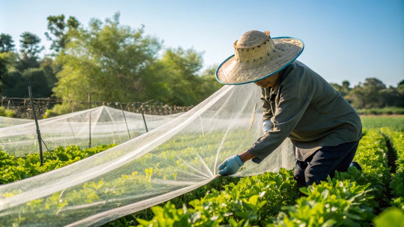 A farmer in a sunny field covering crops with insect netting