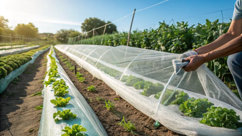 A hand cleaning insect netting in a vegetable garden