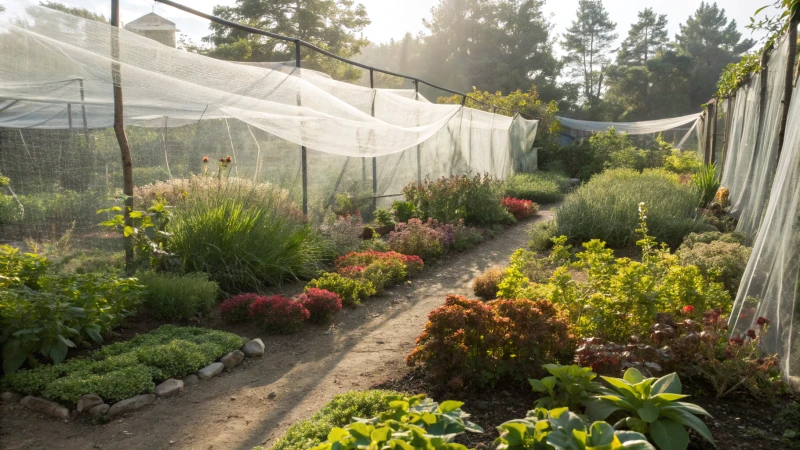 A vibrant garden protected by insect netting