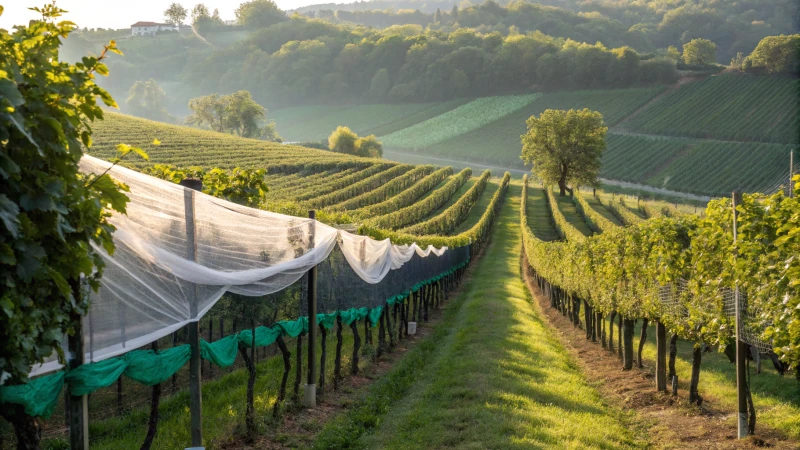 Vineyard with grapevines under colorful nets