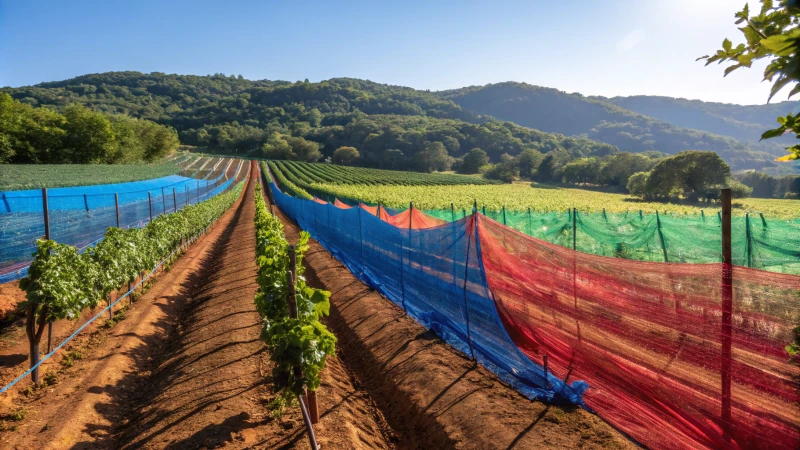 A vibrant agricultural landscape with colorful crop nets