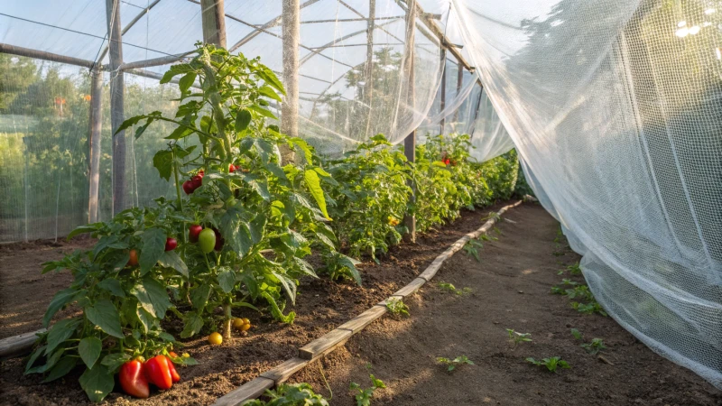 A vibrant vegetable garden with insect netting protecting healthy plants.