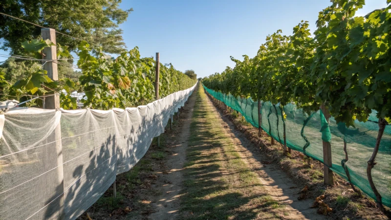 Vibrant vineyard with colorful nets over grapevines