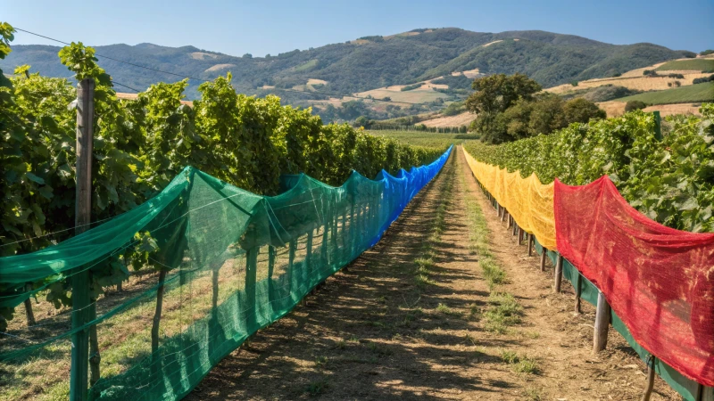 A vibrant vineyard with colorful nets over grapevines.